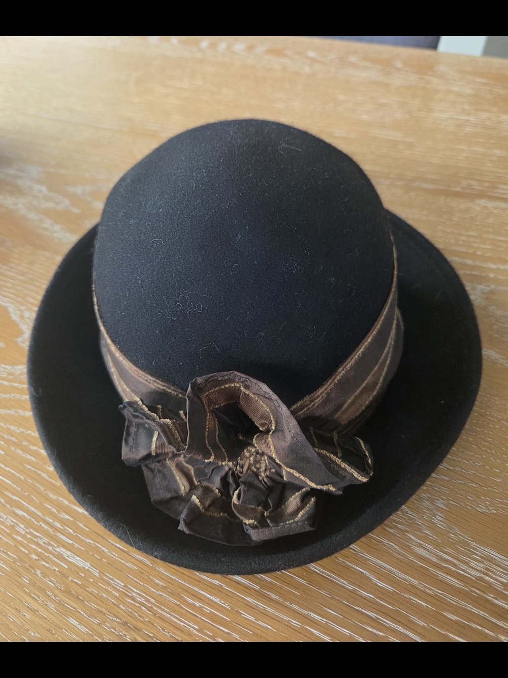 Black Wool Cloche Hat with Brown Ribbon Flower